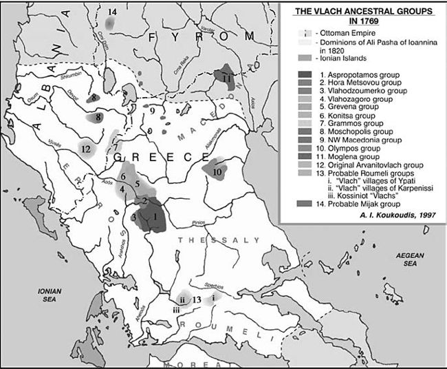 Χάρτης 1: Βλάχικες προγονικές ομάδες στα 1769 (πηγή: Koukoudis 2003: 49)