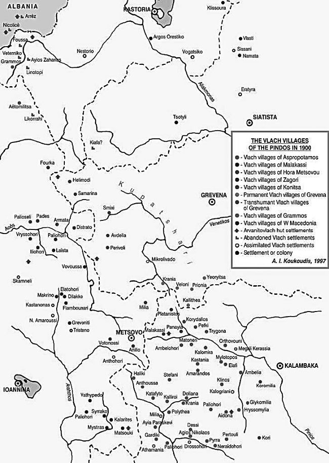 Χάρτης 2: Τα βλαχοχώρια της Πίνδου στα 1900 (πηγή: Koukoudis 2003: 51)
