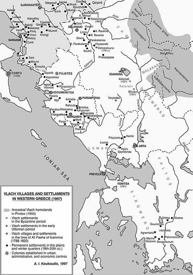 Χάρτης 3: Βλάχικα χωριά και εγκαταστάσεις στη Δυτική Ελλάδα (1997) (πηγή: Koukoudis 2003: 57)