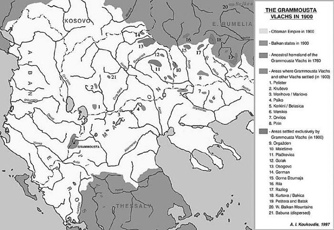 Χάρτης 4: Οι Γραμμουστιάνοι Βλάχοι στα 1900 (πηγή: Koukoudis 2003: 65)